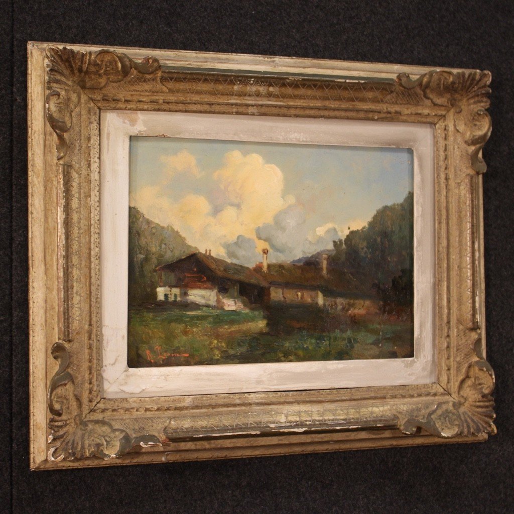Dipinto olio su masonite paesaggio di montagna del XX secolo-photo-5