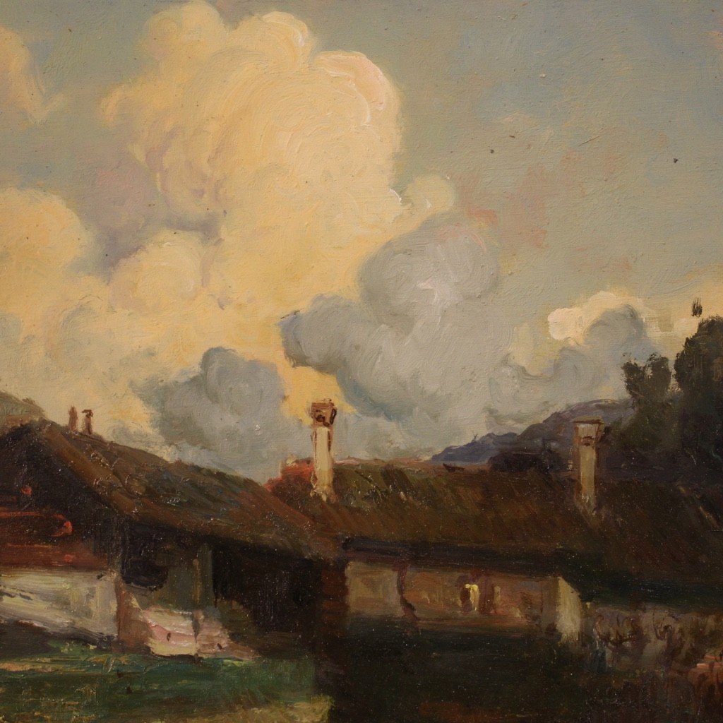 Dipinto olio su masonite paesaggio di montagna del XX secolo-photo-6