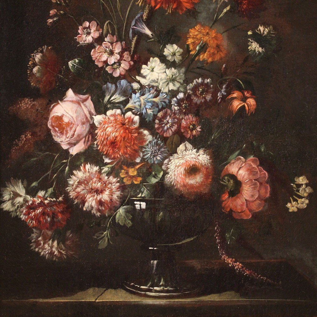 Dipinto natura morta con vaso di fiori e cornice coeva del XVII secolo-photo-2