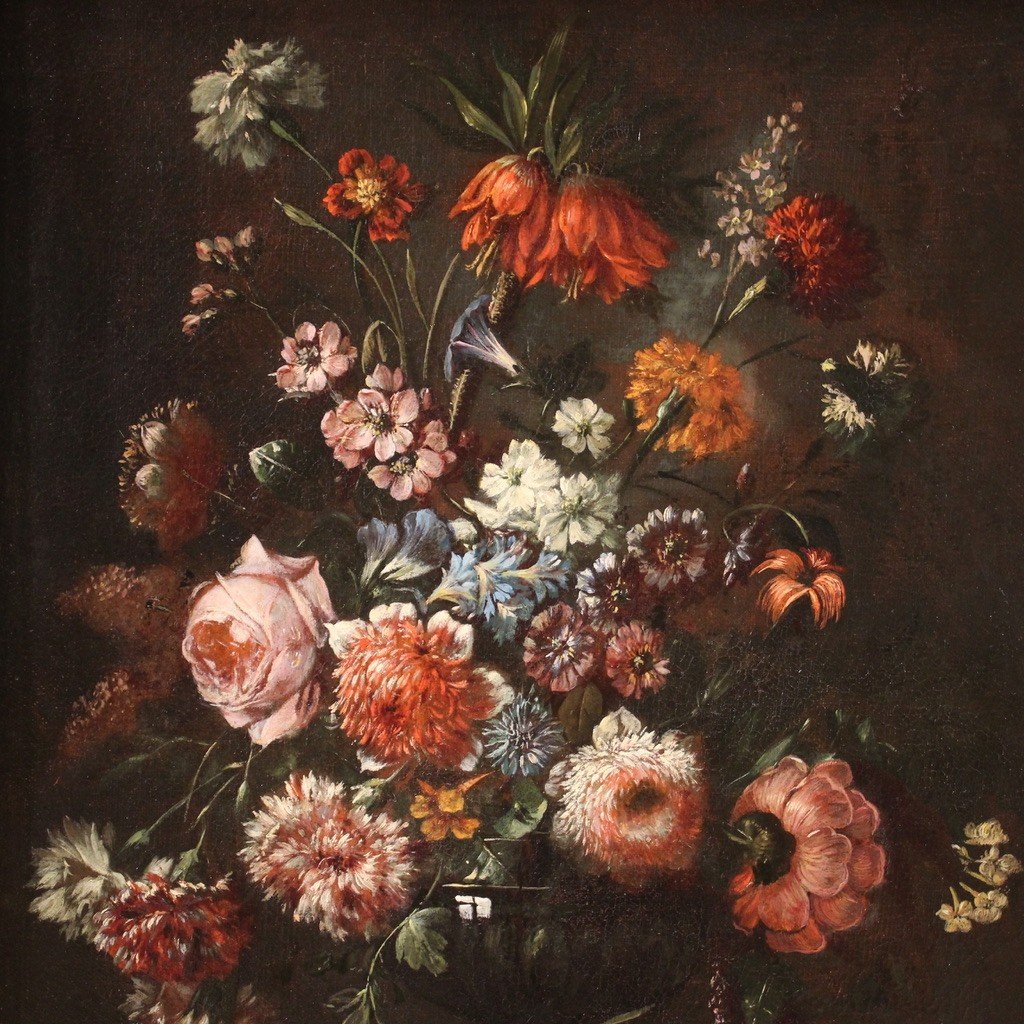 Dipinto natura morta con vaso di fiori e cornice coeva del XVII secolo-photo-4