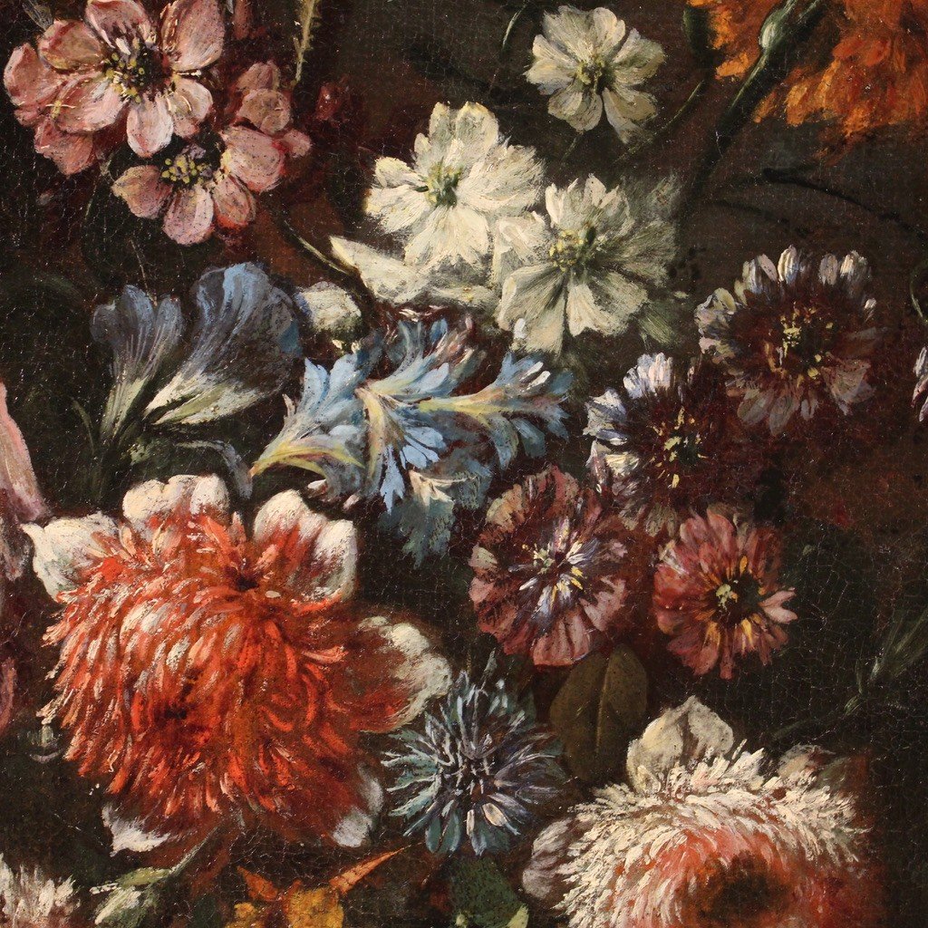 Dipinto natura morta con vaso di fiori e cornice coeva del XVII secolo-photo-2