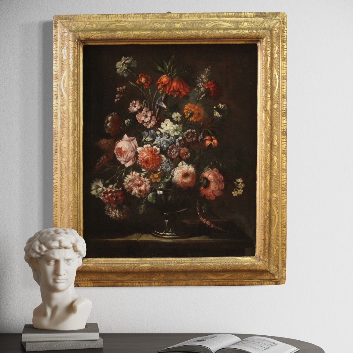 Dipinto natura morta con vaso di fiori e cornice coeva del XVII secolo-photo-3
