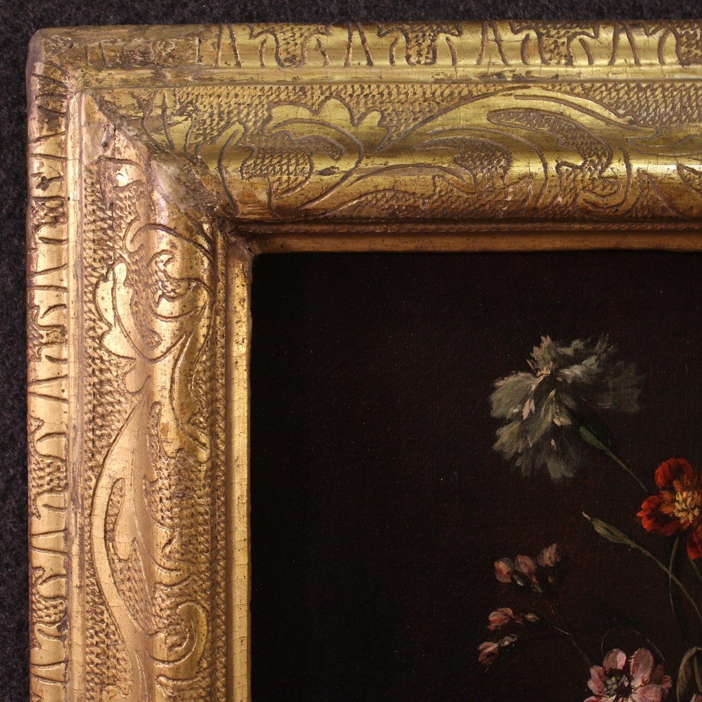 Dipinto natura morta con vaso di fiori e cornice coeva del XVII secolo-photo-5