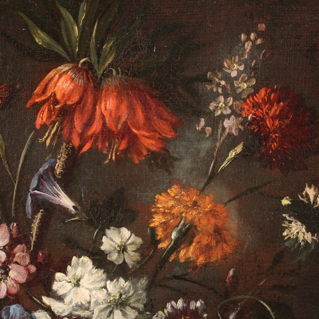 Dipinto natura morta con vaso di fiori e cornice coeva del XVII secolo-photo-6