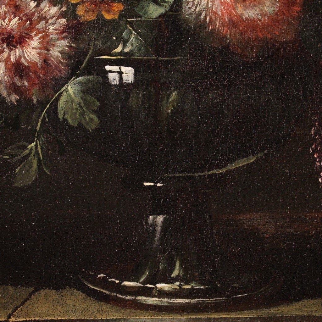 Dipinto natura morta con vaso di fiori e cornice coeva del XVII secolo-photo-7