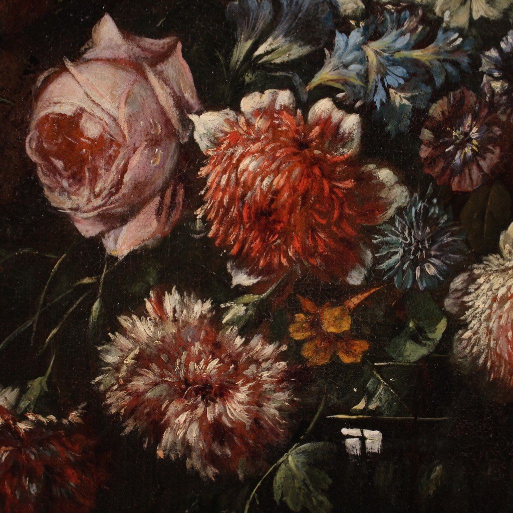 Dipinto natura morta con vaso di fiori e cornice coeva del XVII secolo-photo-8