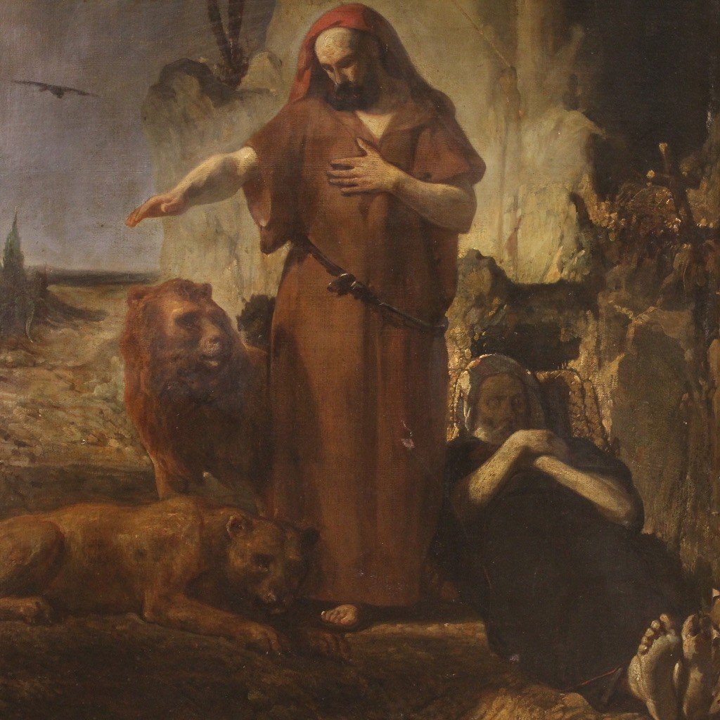 Dipinto antico del XIX secolo, Sant'Antonio Abate seppellisce San Paolo-photo-4