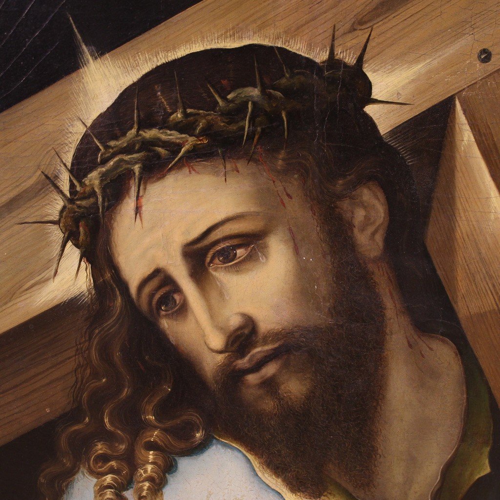 Grande dipinto su tavola del XVII secolo, Cristo portacroce-photo-3