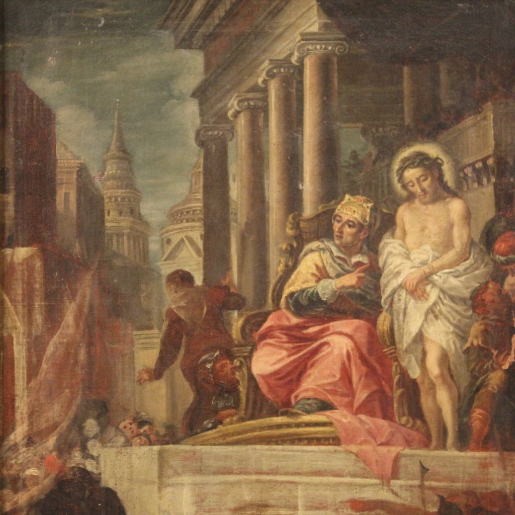 Antico dipinto religioso Gesù e Erode del XVII secolo-photo-4
