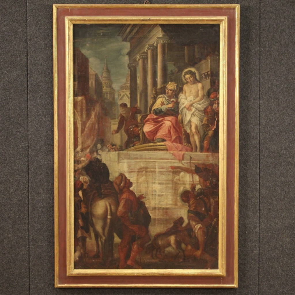 Antico dipinto religioso Gesù e Erode del XVII secolo