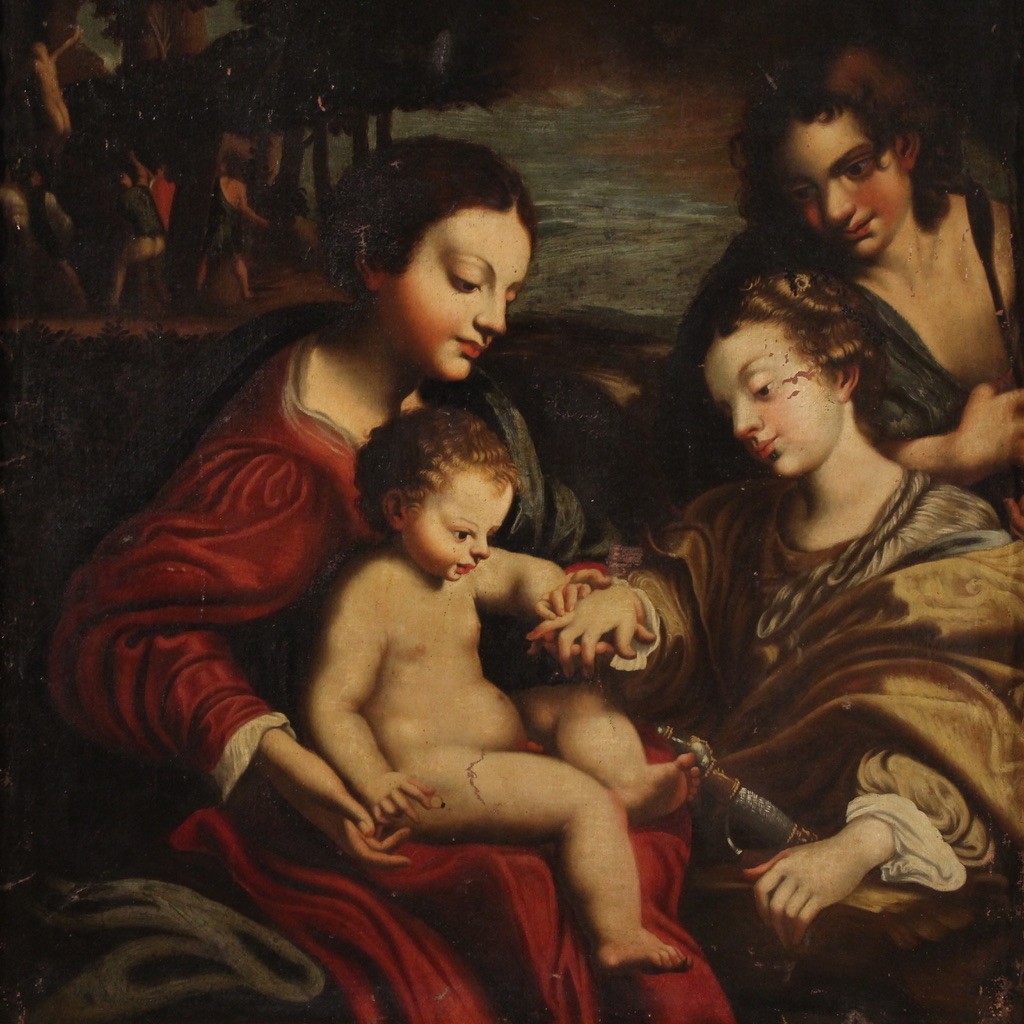 Grande dipinto italiano del XVIII secolo, Matrimonio Mistico di Santa Caterina