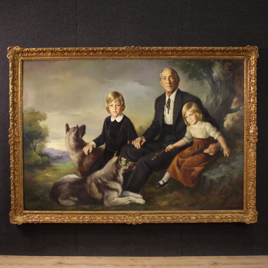 Grande dipinto ritratto di famiglia firmato Francisco Ribera e datato 1972