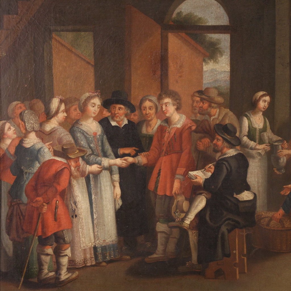 Quadro francese del XIX secolo, scena di genere con matrimonio-photo-4