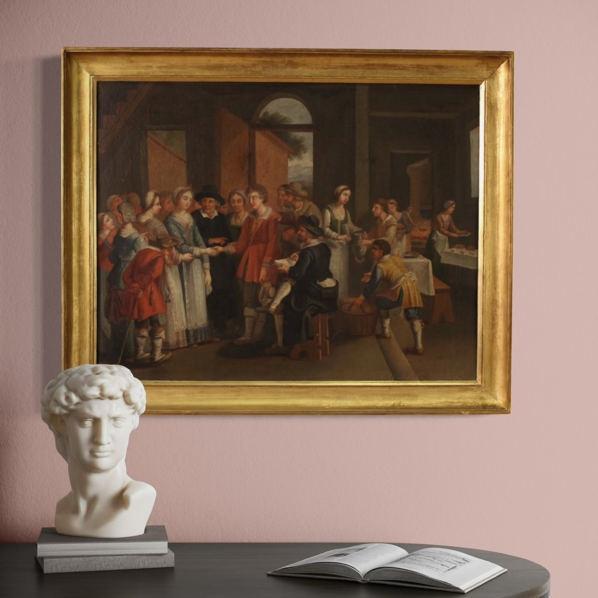 Quadro francese del XIX secolo, scena di genere con matrimonio-photo-3