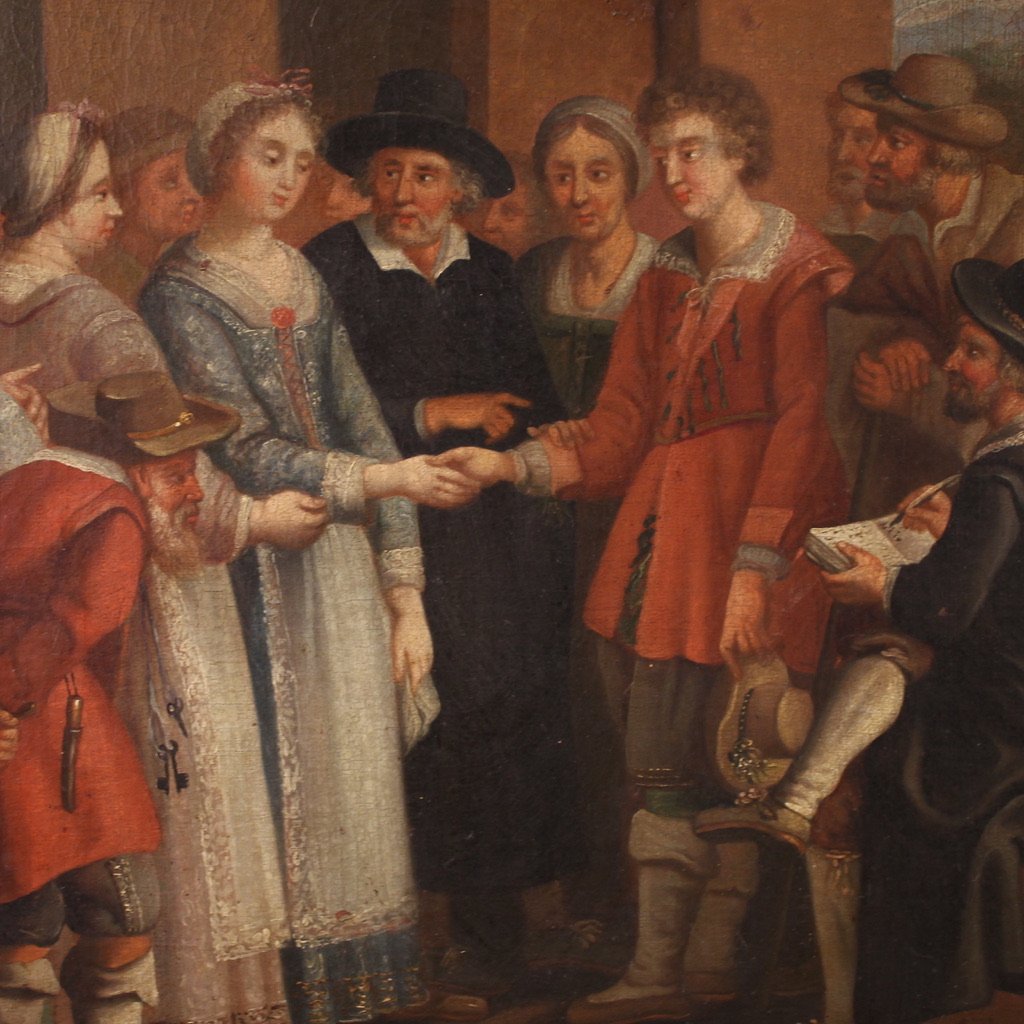 Quadro francese del XIX secolo, scena di genere con matrimonio-photo-5