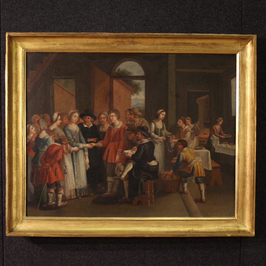 Quadro francese del XIX secolo, scena di genere con matrimonio
