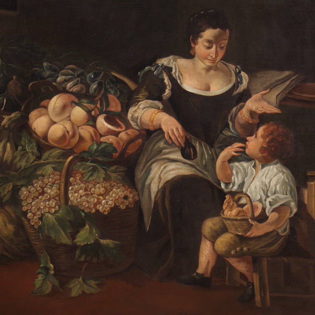 Grande dipinto italiano del XVIII secolo, scena di genere con natura morta-photo-3