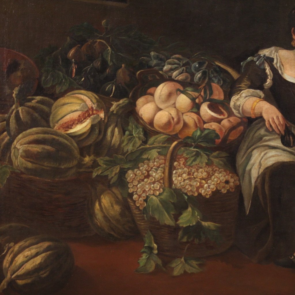 Grande dipinto italiano del XVIII secolo, scena di genere con natura morta-photo-4