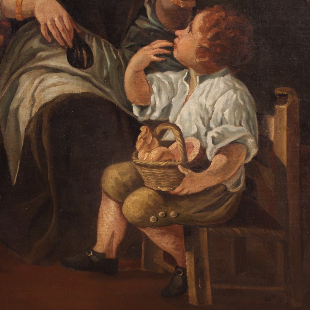 Grande dipinto italiano del XVIII secolo, scena di genere con natura morta-photo-3