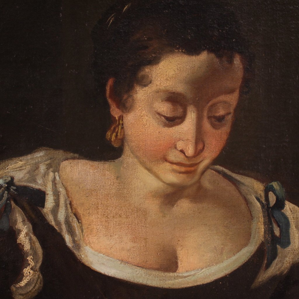 Grande dipinto italiano del XVIII secolo, scena di genere con natura morta-photo-8