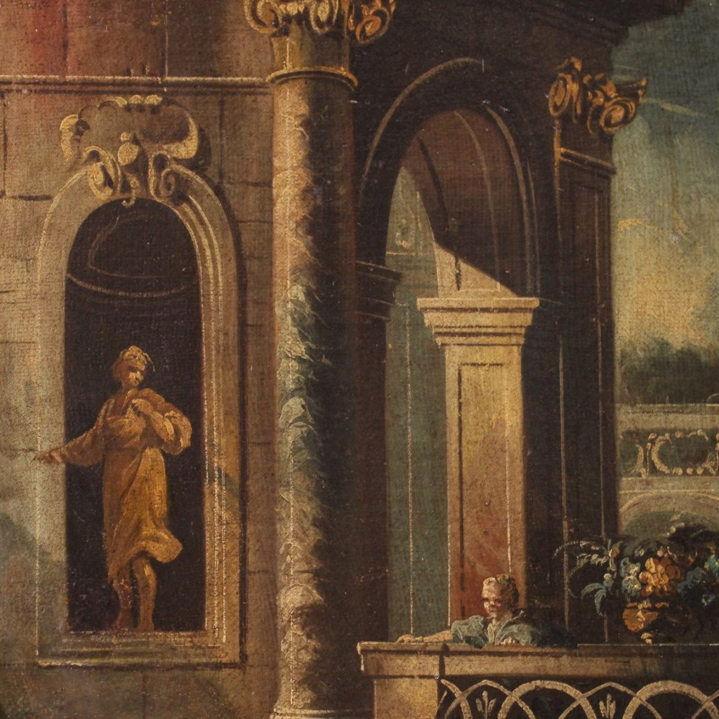 Dipinto italiano veduta con architetture e personaggi del XVIII secolo-photo-8