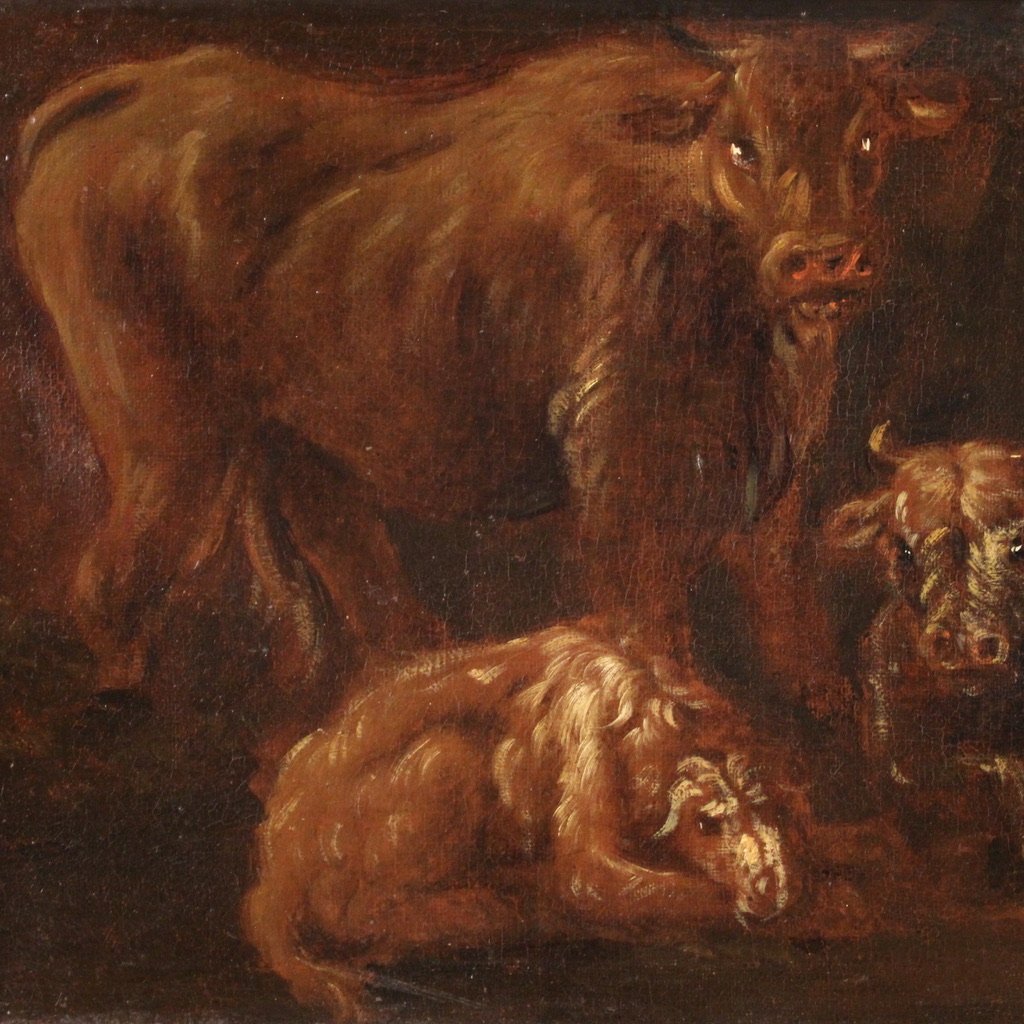 Dipinto italiano del XVII secolo, paesaggio con animali al pascolo-photo-1