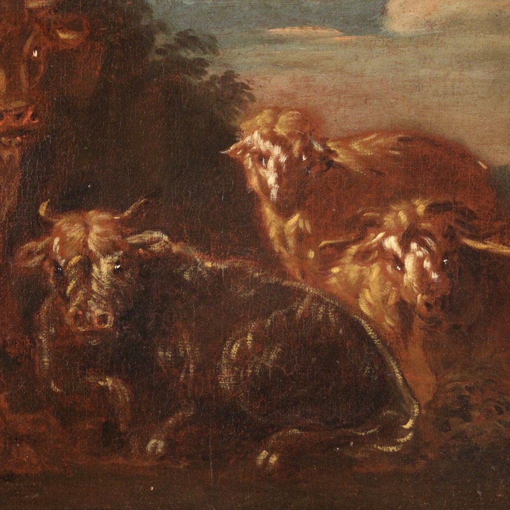 Dipinto italiano del XVII secolo, paesaggio con animali al pascolo-photo-2
