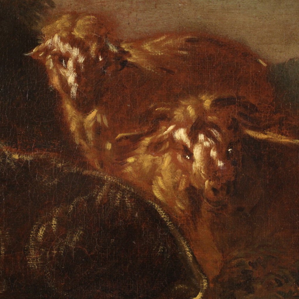 Dipinto italiano del XVII secolo, paesaggio con animali al pascolo-photo-5