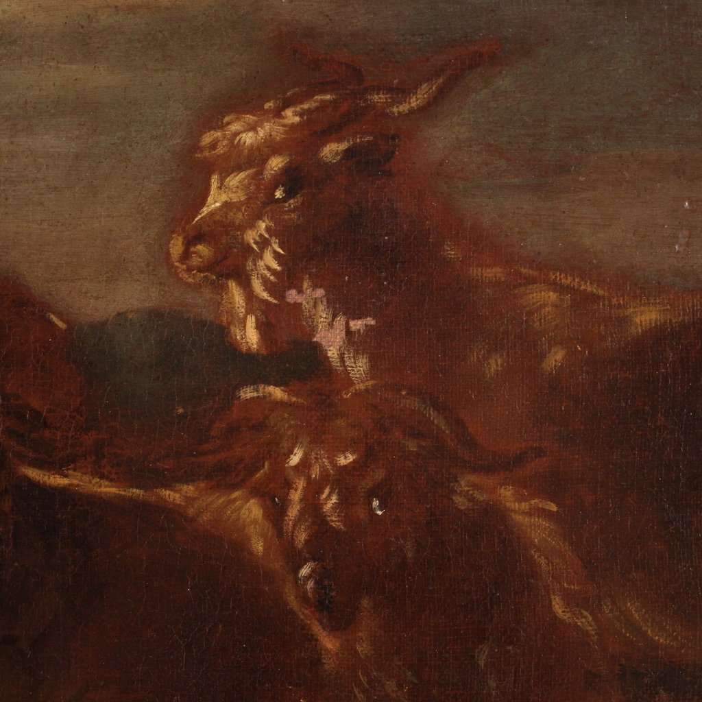Dipinto italiano del XVII secolo, paesaggio con animali al pascolo-photo-6
