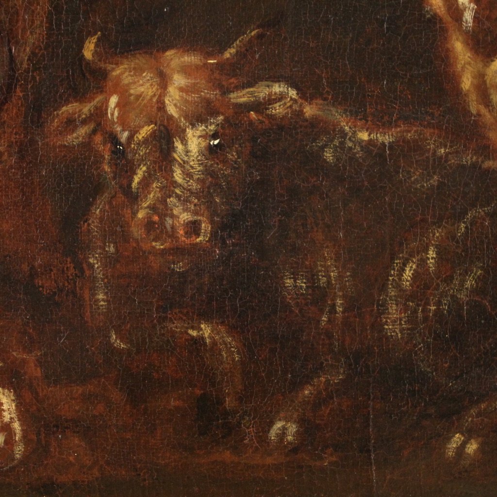Dipinto italiano del XVII secolo, paesaggio con animali al pascolo-photo-7