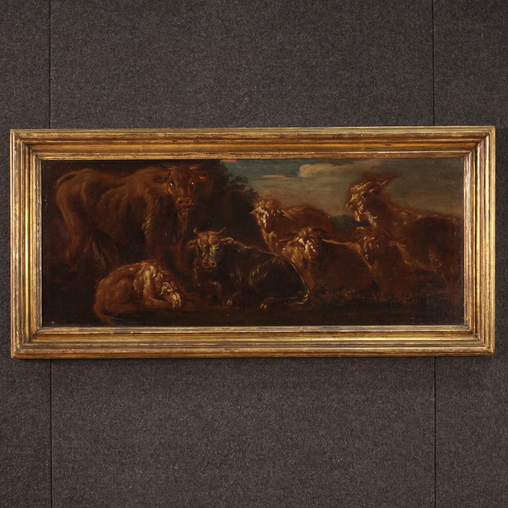Dipinto italiano del XVII secolo, paesaggio con animali al pascolo