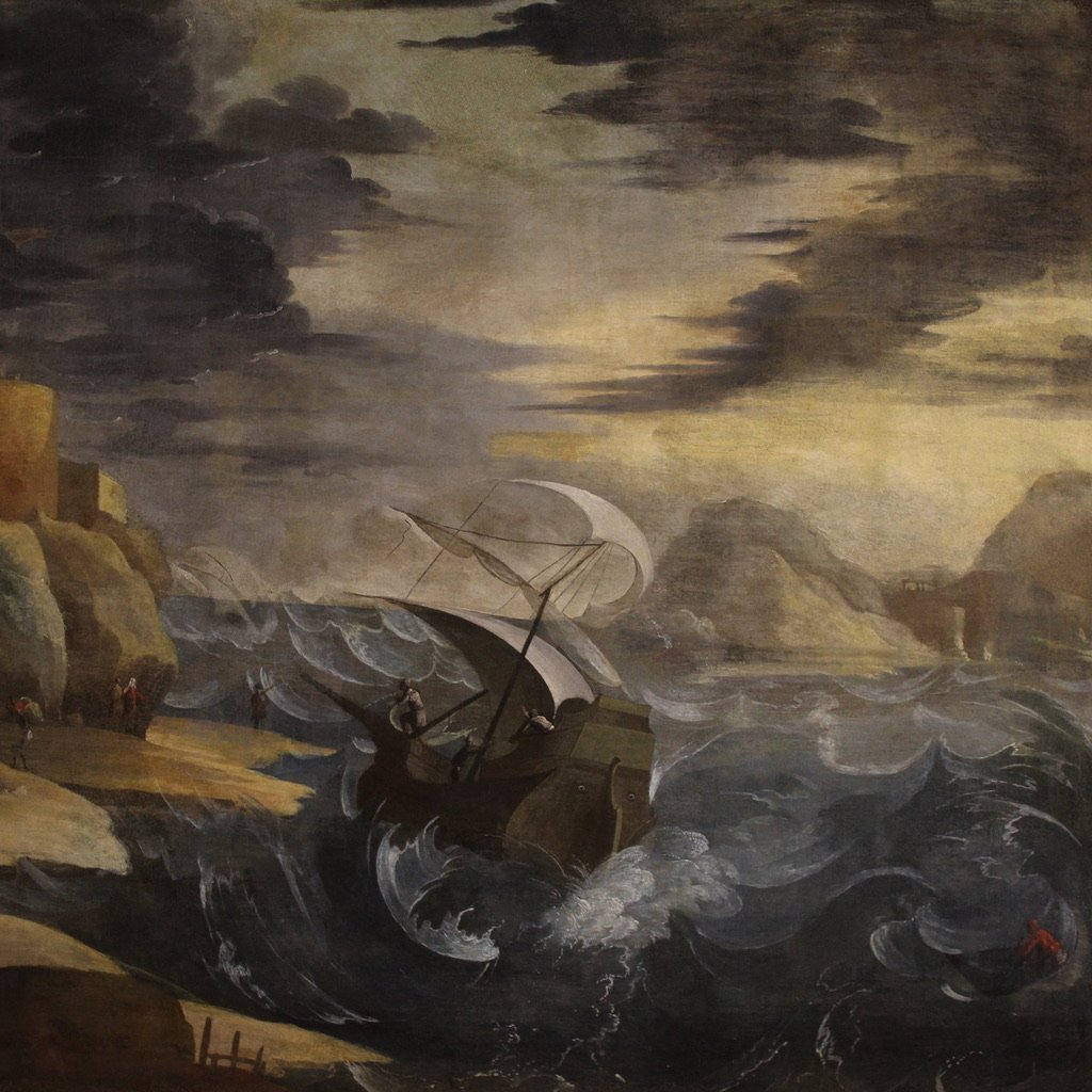 Grande dipinto marina con mare in tempesta del XVII secolo-photo-3