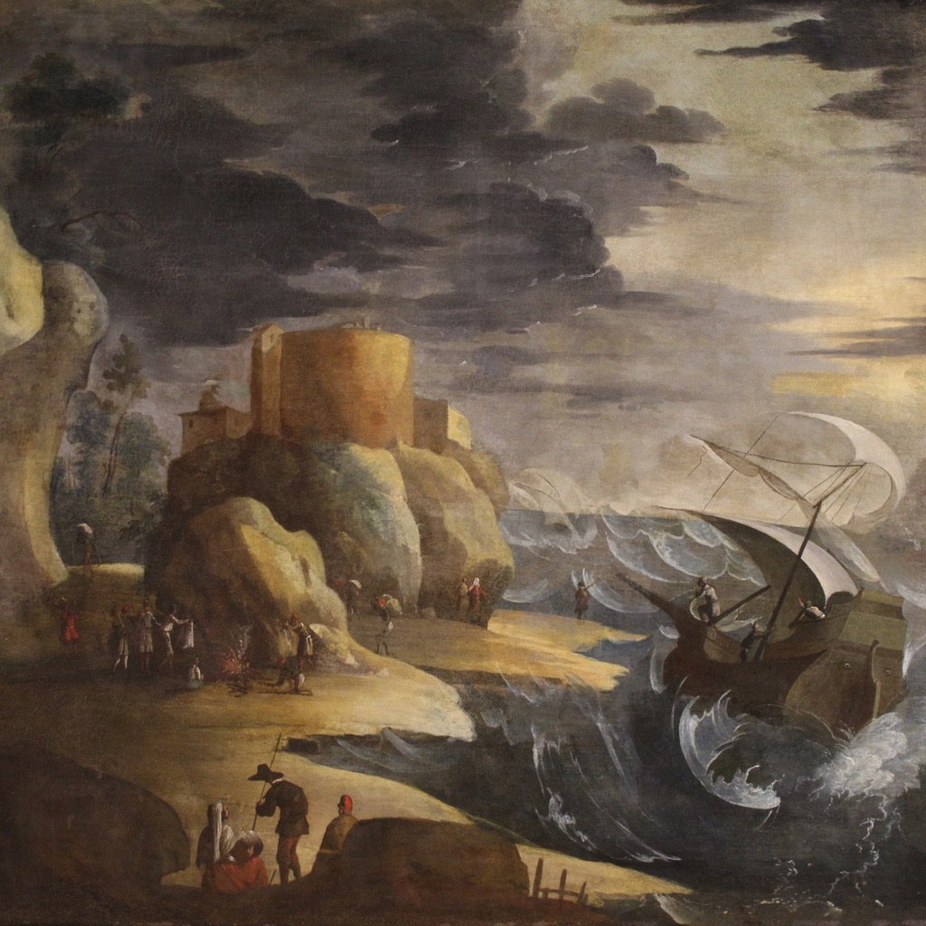 Grande dipinto marina con mare in tempesta del XVII secolo-photo-4