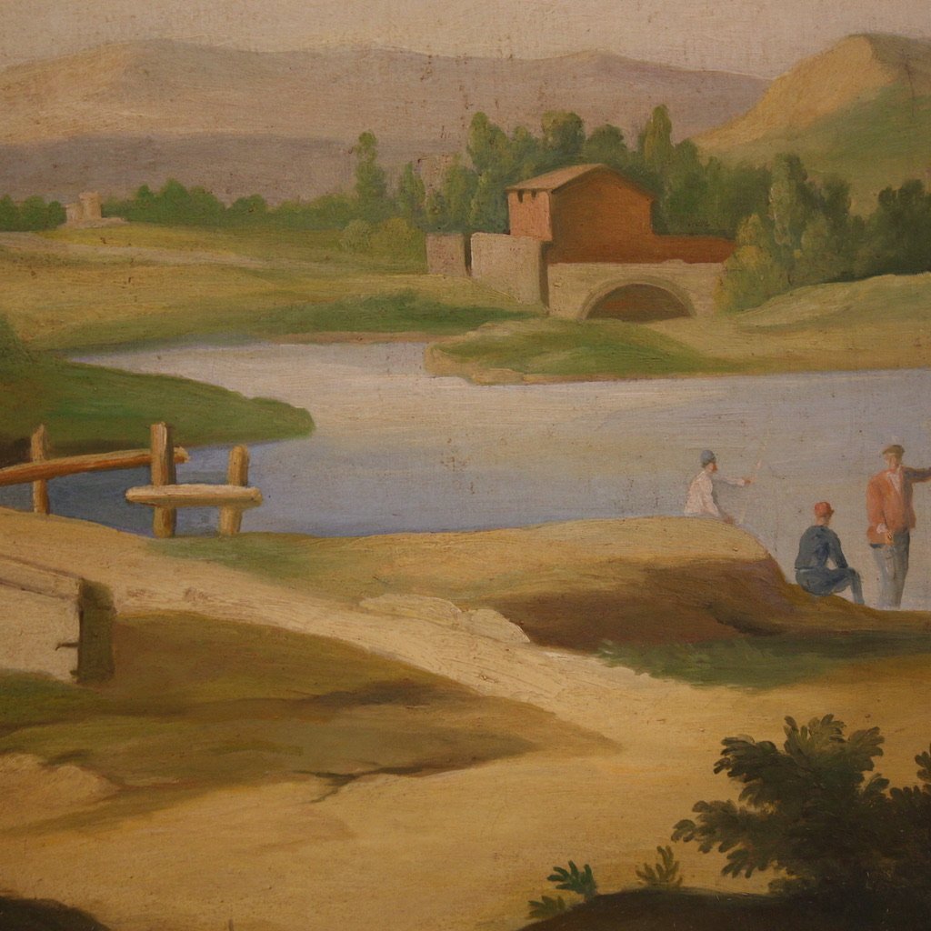 Grande dipinto paesaggio con figure del XX secolo-photo-5