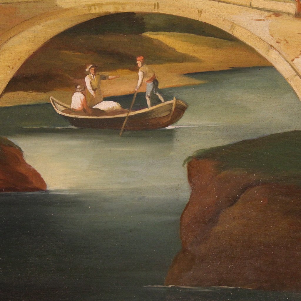 Grande dipinto paesaggio con figure del XX secolo-photo-7