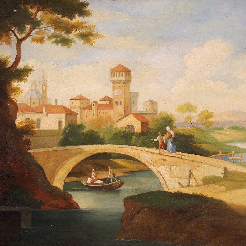 Grande dipinto paesaggio con figure del XX secolo