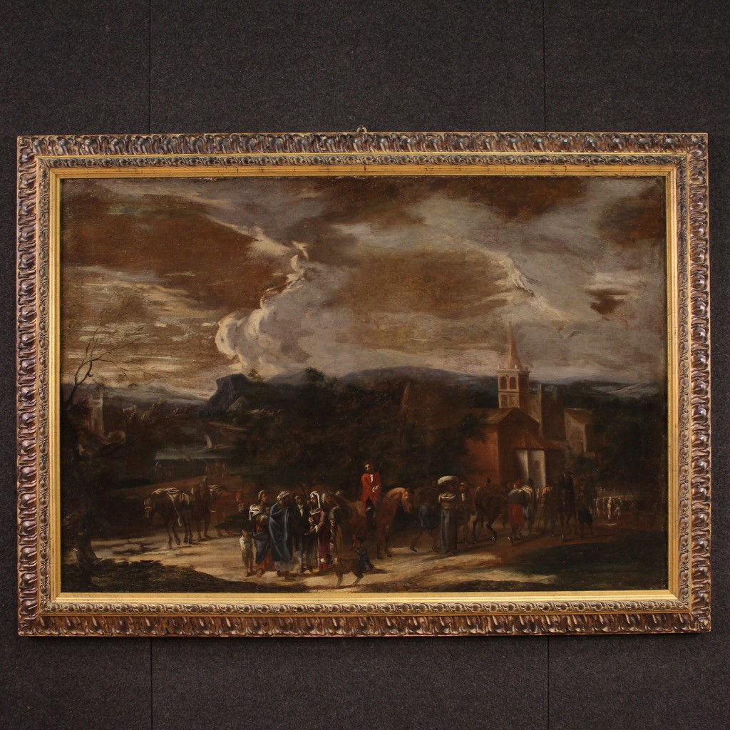 Grande dipinto italiano paesaggio con figure del XVIII secolo