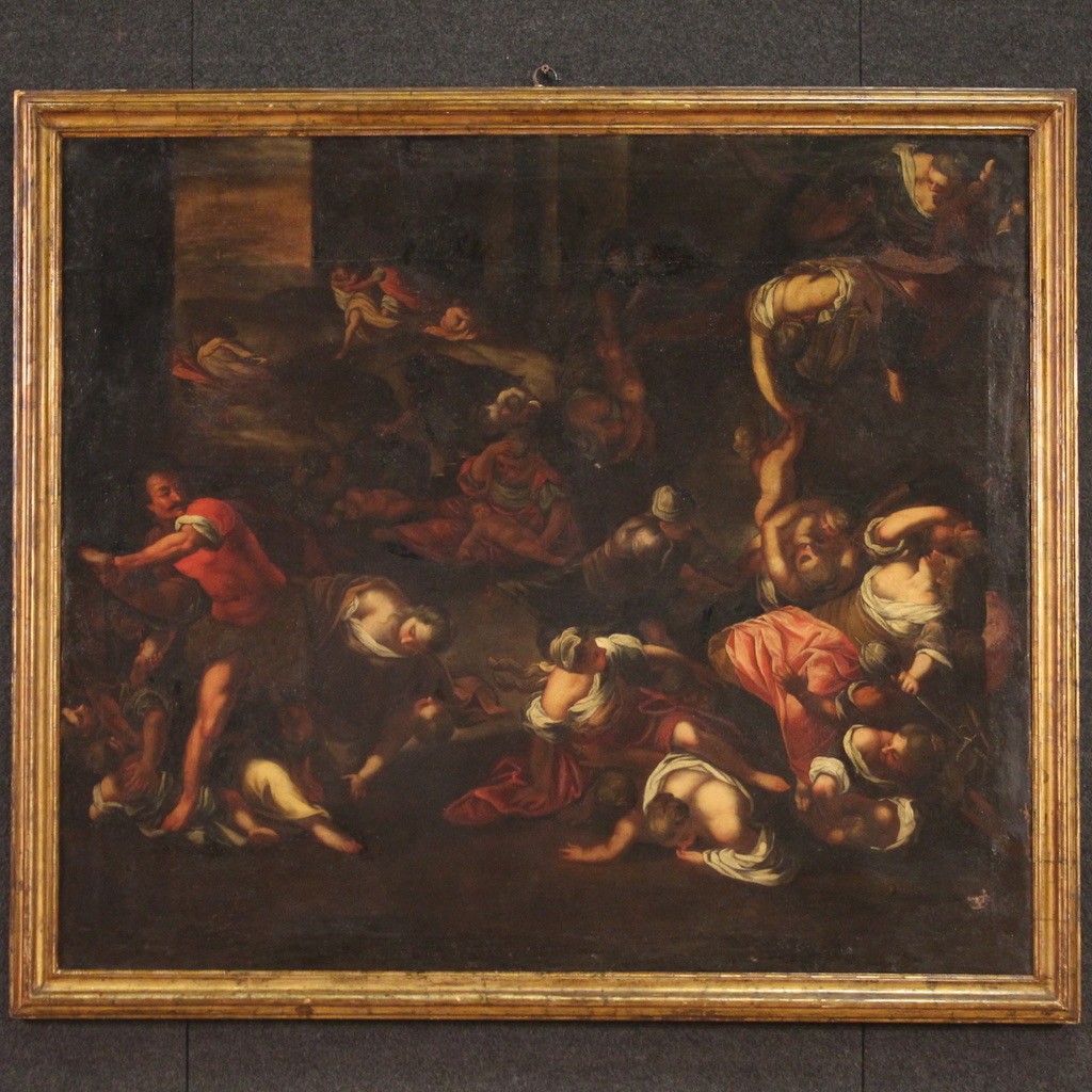 Antico dipinto religioso del XVII secolo, la strage degli innocenti