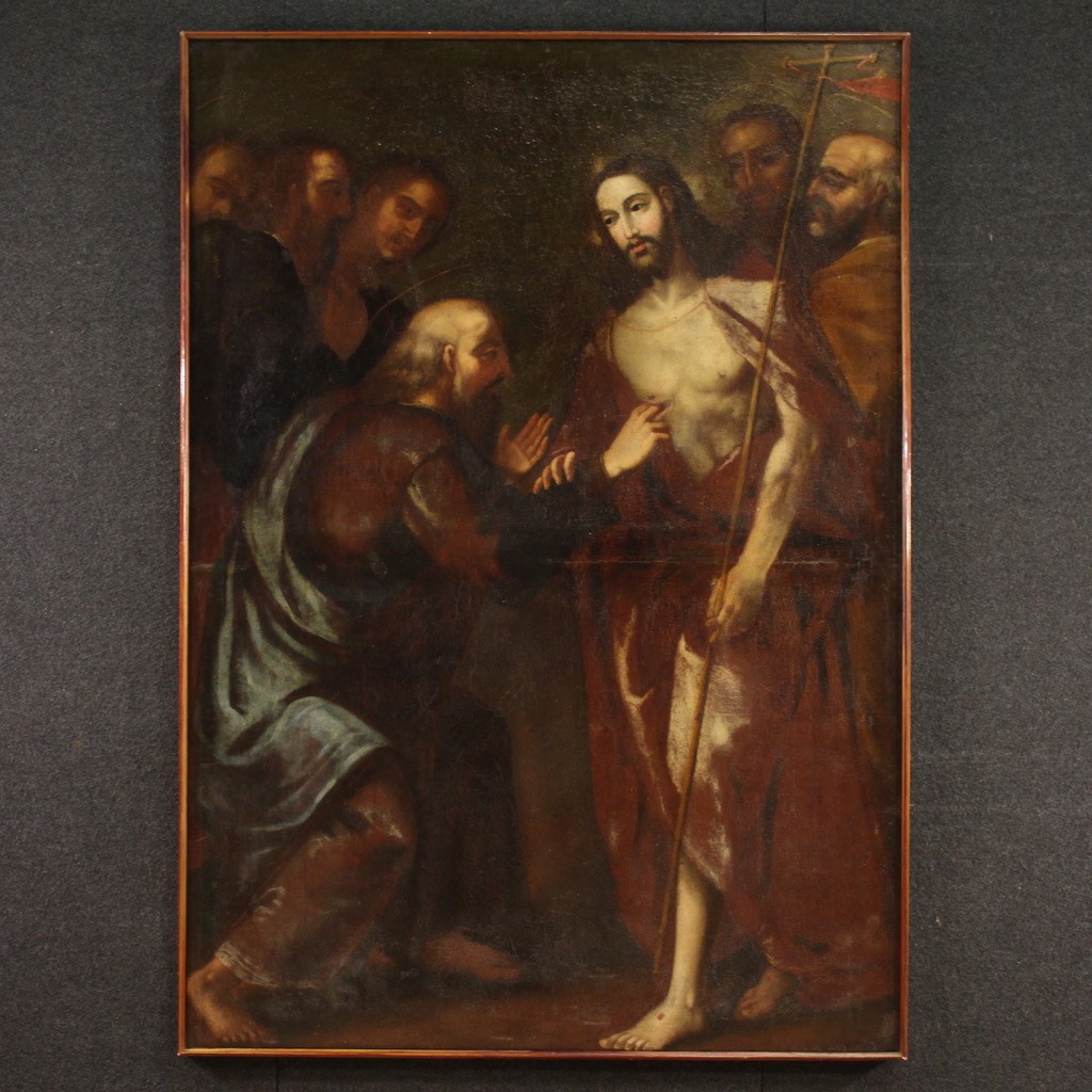 Grande dipinto italiano del XVII secolo, l'incredulità di San Tommaso