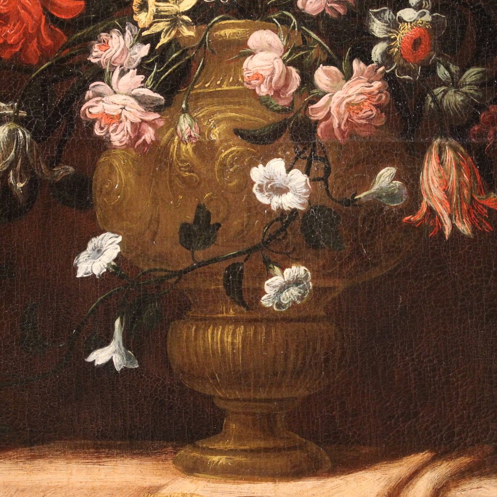 Antico dipinto del XVII secolo, natura morta con vaso fiorito-photo-3