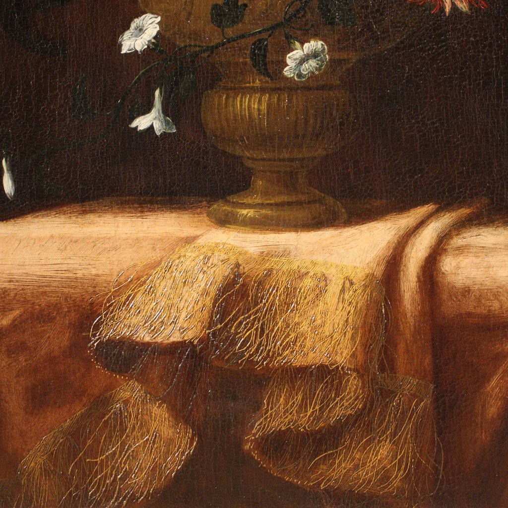 Antico dipinto del XVII secolo, natura morta con vaso fiorito-photo-4