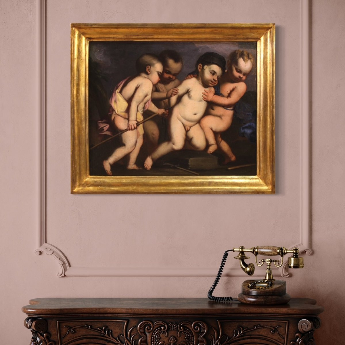 Dipinto italiano antico giochi di putti del XVII secolo-photo-2