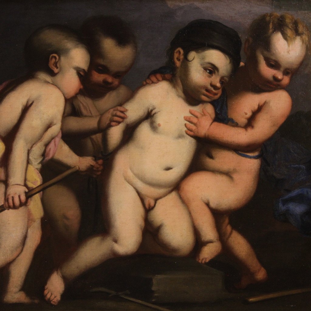 Dipinto italiano antico giochi di putti del XVII secolo-photo-4