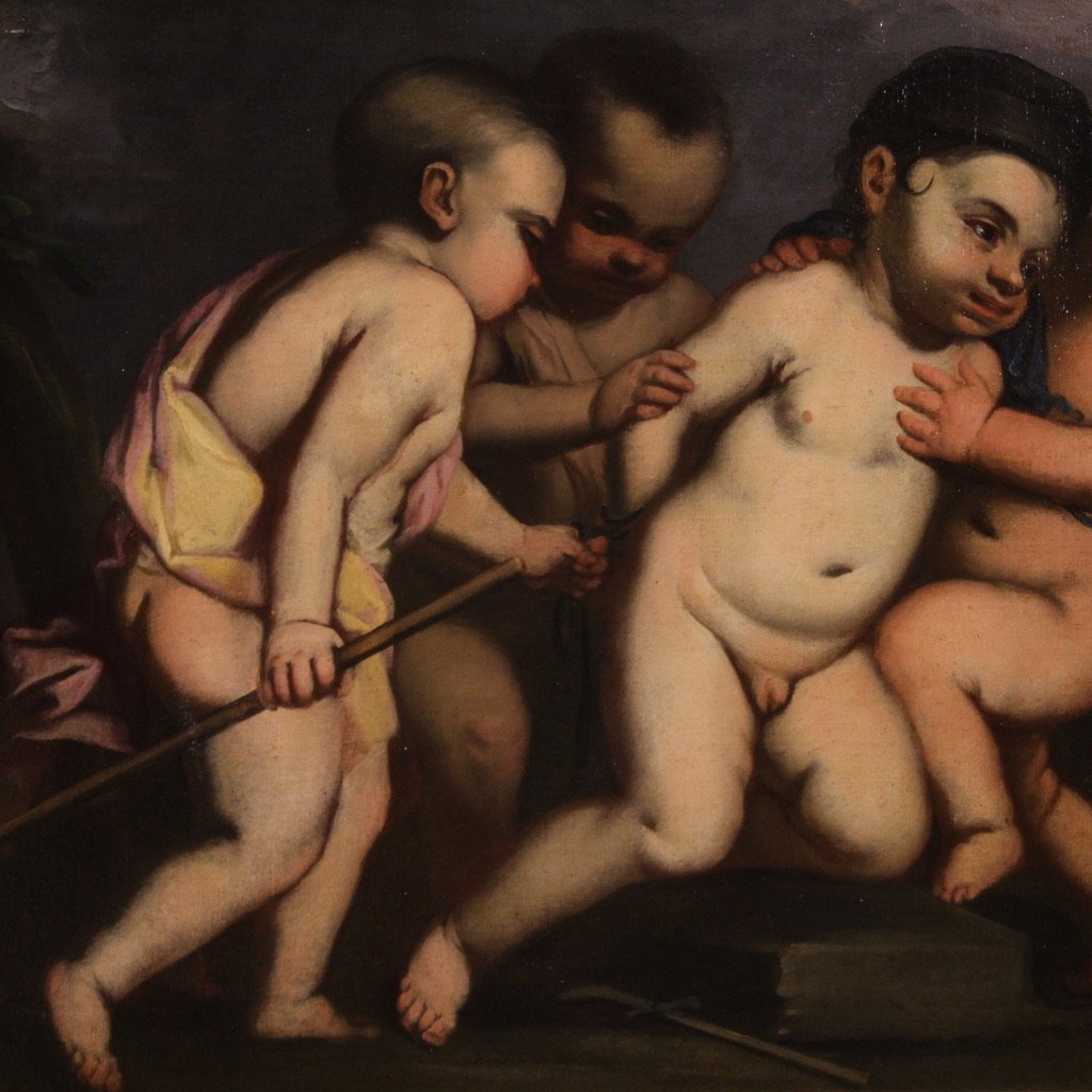 Dipinto italiano antico giochi di putti del XVII secolo-photo-1
