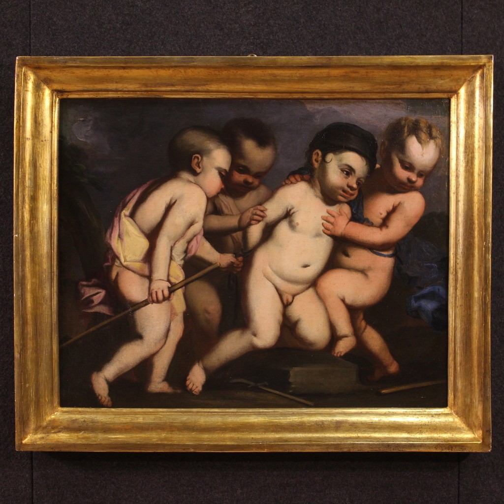 Dipinto italiano antico giochi di putti del XVII secolo