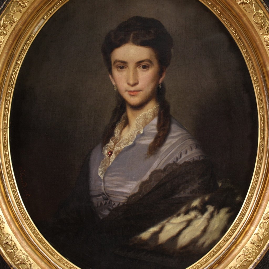 Dipinto ritratto di dama firmato Johann Grund e datato 1869-photo-3