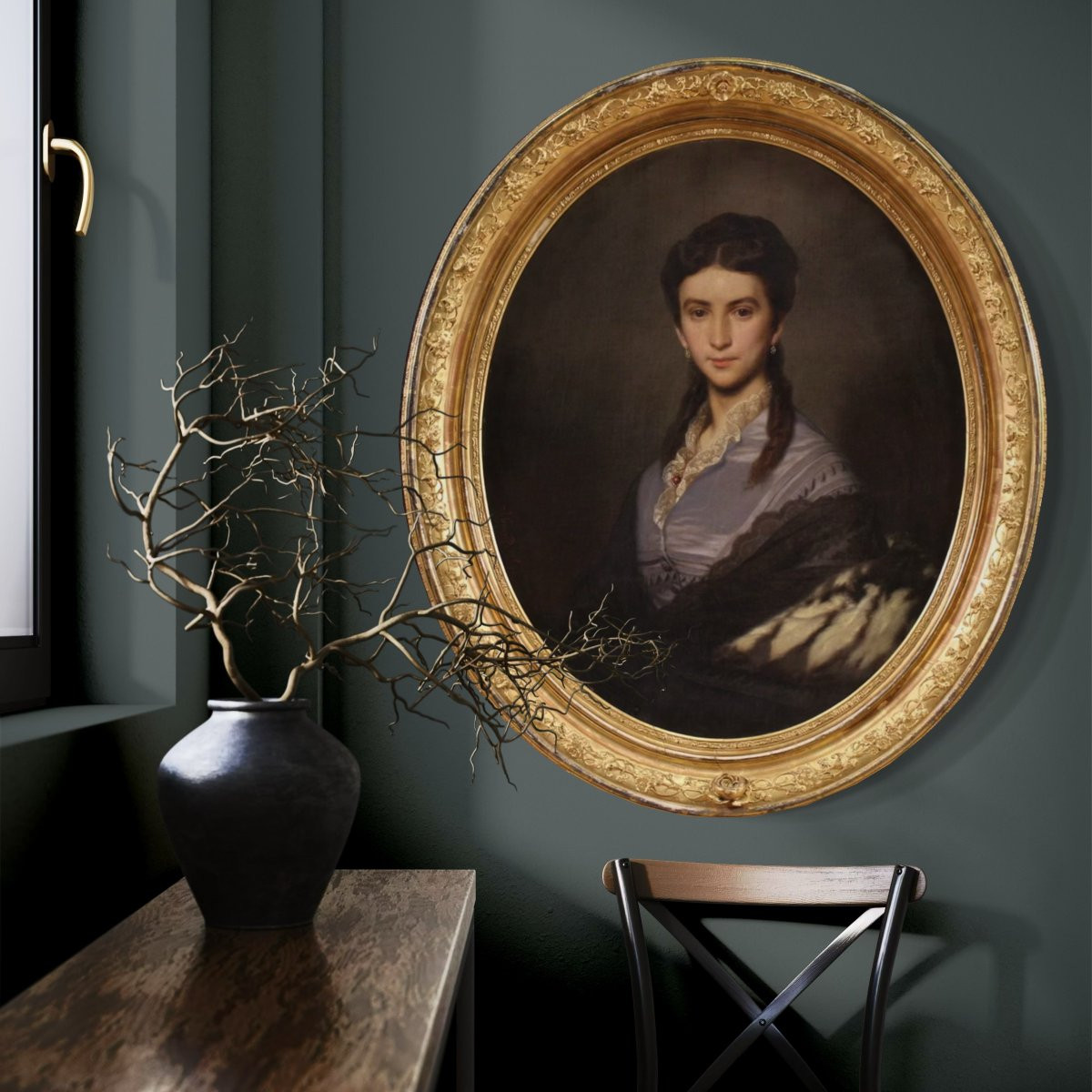 Dipinto ritratto di dama firmato Johann Grund e datato 1869-photo-1