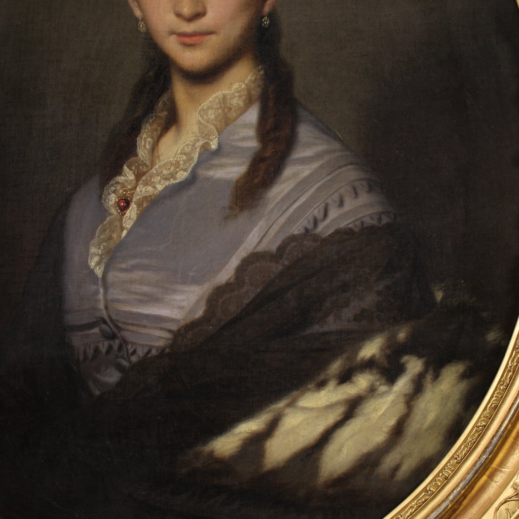 Dipinto ritratto di dama firmato Johann Grund e datato 1869-photo-5