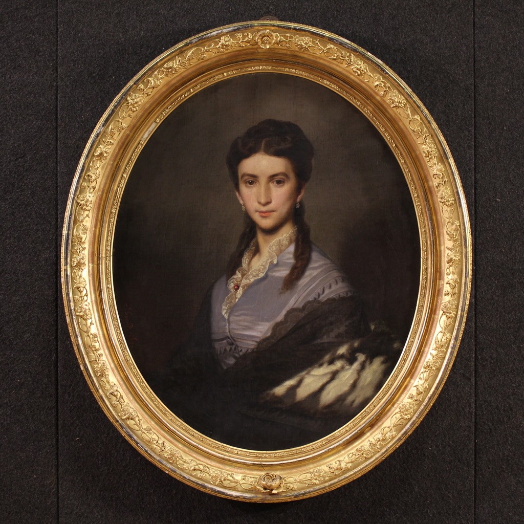 Dipinto ritratto di dama firmato Johann Grund e datato 1869