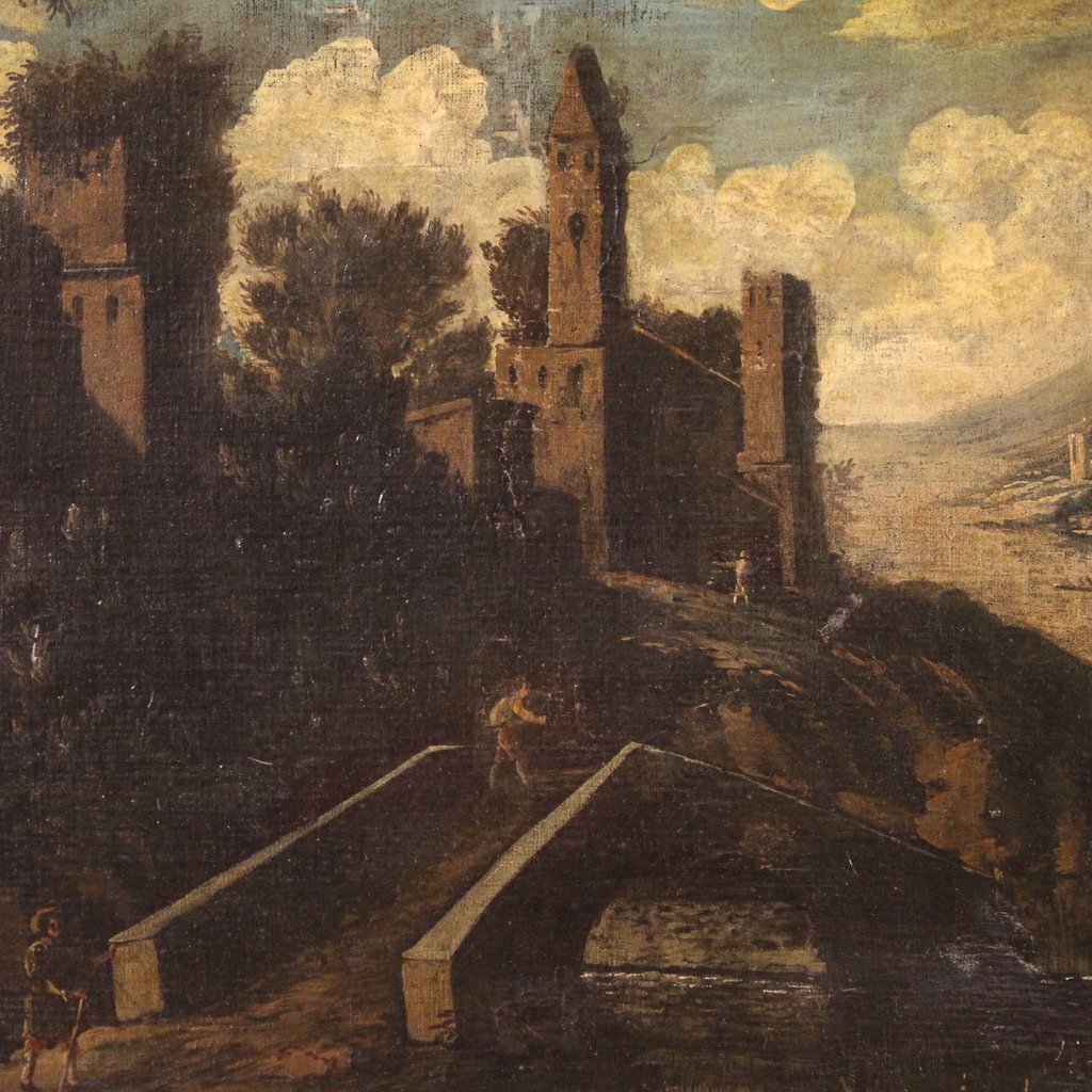 Antico dipinto italiano paesaggio del XVIII secolo-photo-3